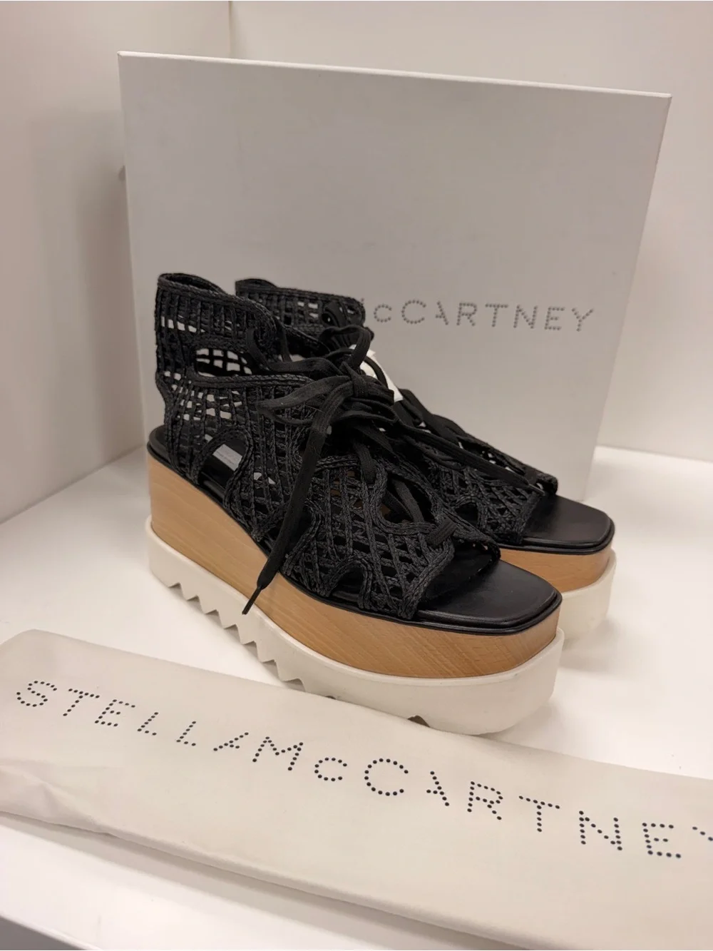 Stella McCartney Raffia Elyse Platform Wedge Sandals